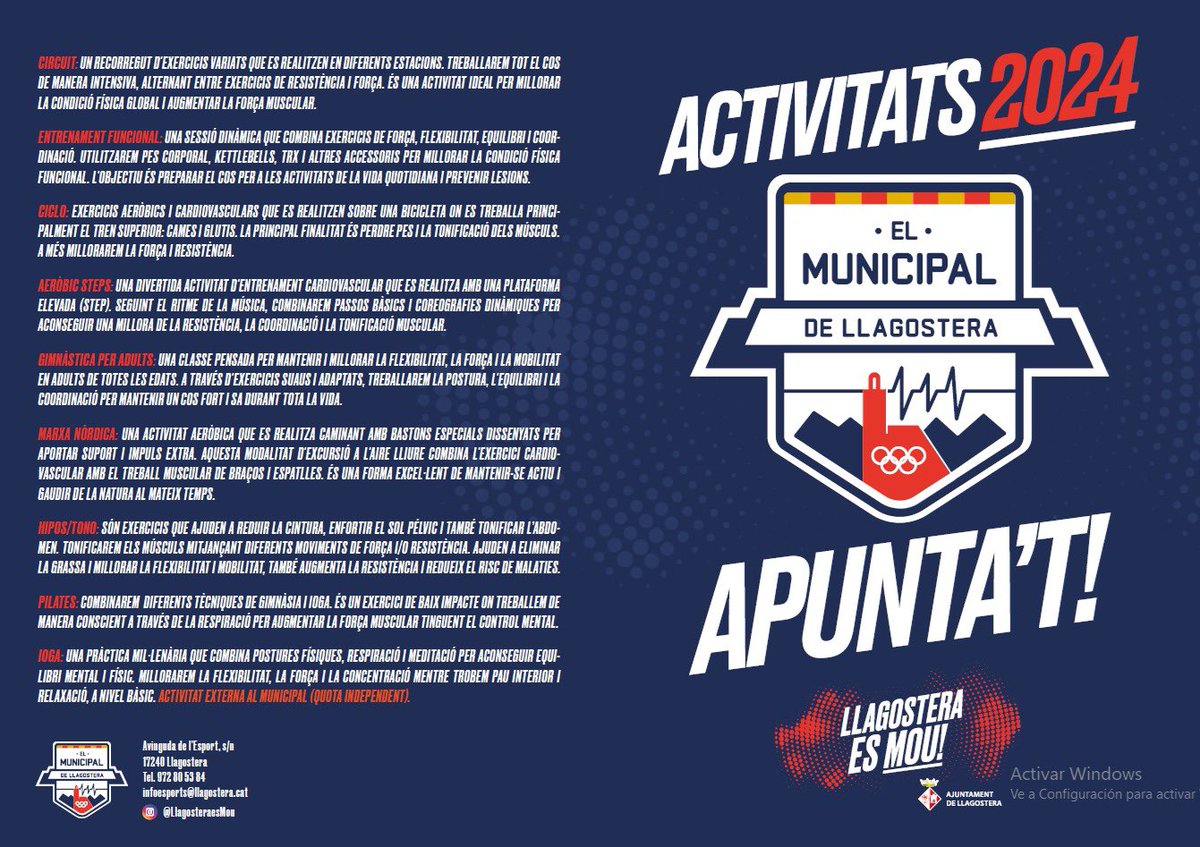 llagosteraldia's tweet photo. 📣🏋🏼‍♂️Inscripcions obertes a #ElMunicipal‼️

🤸🏼Nou servei d’activitats esportives i de salut dirigides, a #Llagostera 

📍 Presencials: Pavelló Municipal

🌐En línia: 👉 https://t.co/7AbLvLTmA8 https://t.co/5Dilnd5hR7