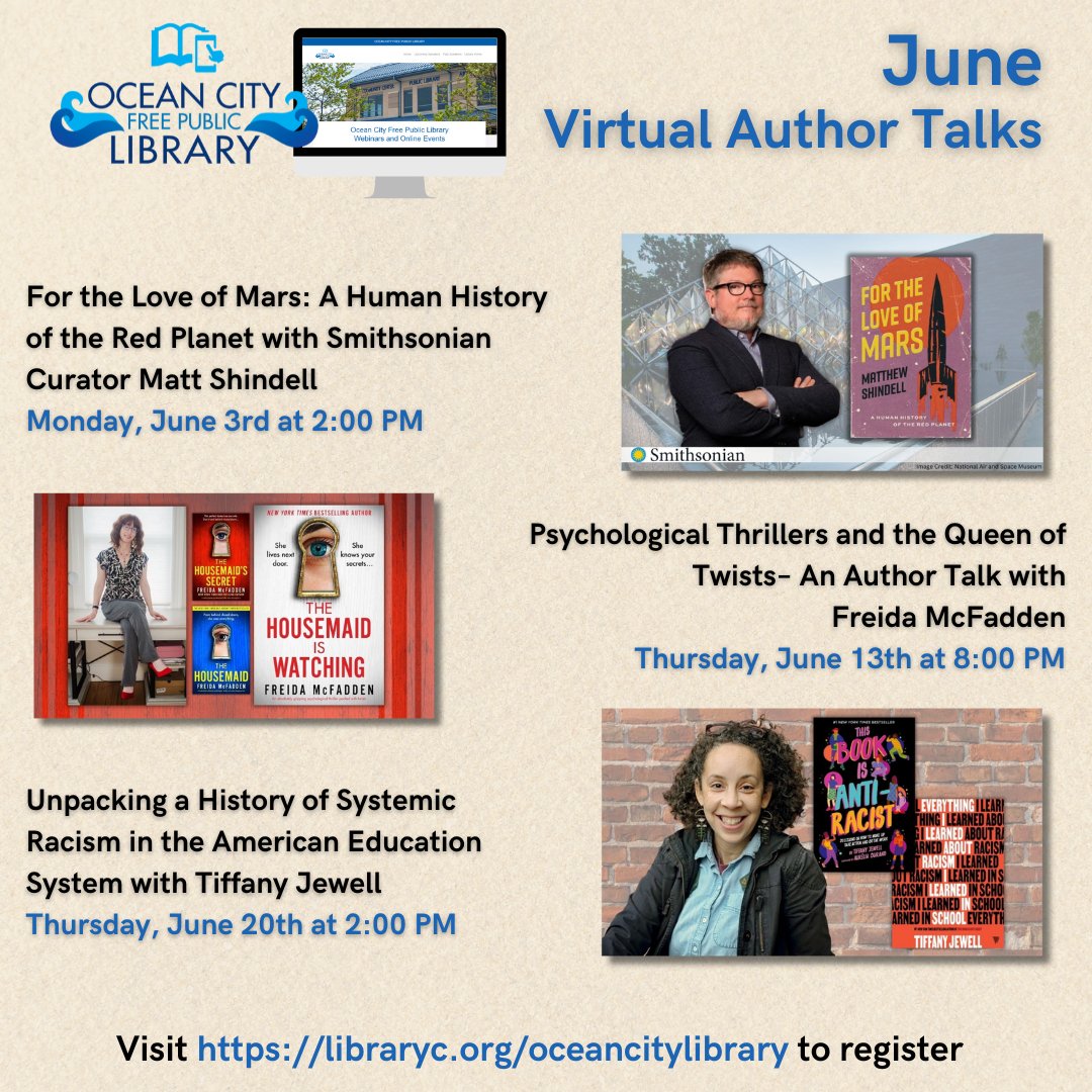 𝗩𝗶𝗿𝘁𝘂𝗮𝗹 𝗔𝘂𝘁𝗵𝗼𝗿 𝗧𝗮𝗹𝗸𝘀 📎👇
Register here: libraryc.org/oceancitylibra…

Check out these upcoming talks from bestselling authors and thought leaders.

#OCFPL #OceanCityLibrary #NJLibrary #LibraryLove #OceanCityNJ #OCNJ