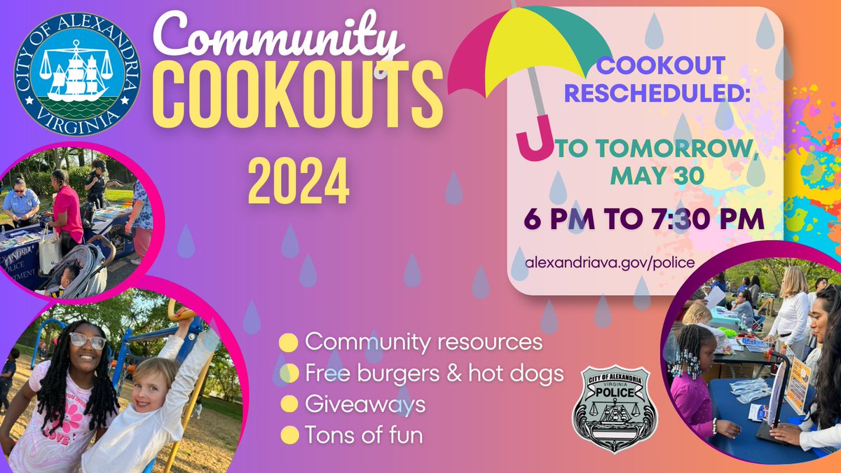 Due to the forecast this evening, the Community Cookout has moved to tomorrow evening at Andrew Adkins. We'll have the grill ready tomorrow at 6PM! @AlexVASheriff @AlexandriaVAFD @AlexandriaVAGov