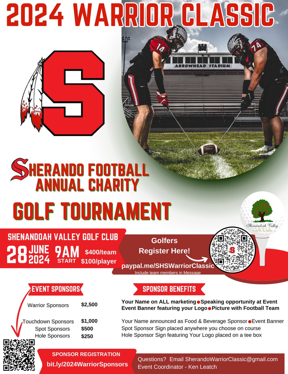 Ken Leatch (@ken_leatch) on Twitter photo Support <a href="/SherandoFball/">SherandoFootball</a> by registering to play &/or joining us as a sponsor! The football players will meet you on every tee box, and there will be a bunch of other football type catered games that will happen during the outing. Go Warriors! Support <a href="/SherandoFball/">SherandoFootball</a> by registering to play &/or joining us as a sponsor! The football players will meet you on every tee box, and there will be a bunch of other football type catered games that will happen during the outing. Go Warriors!