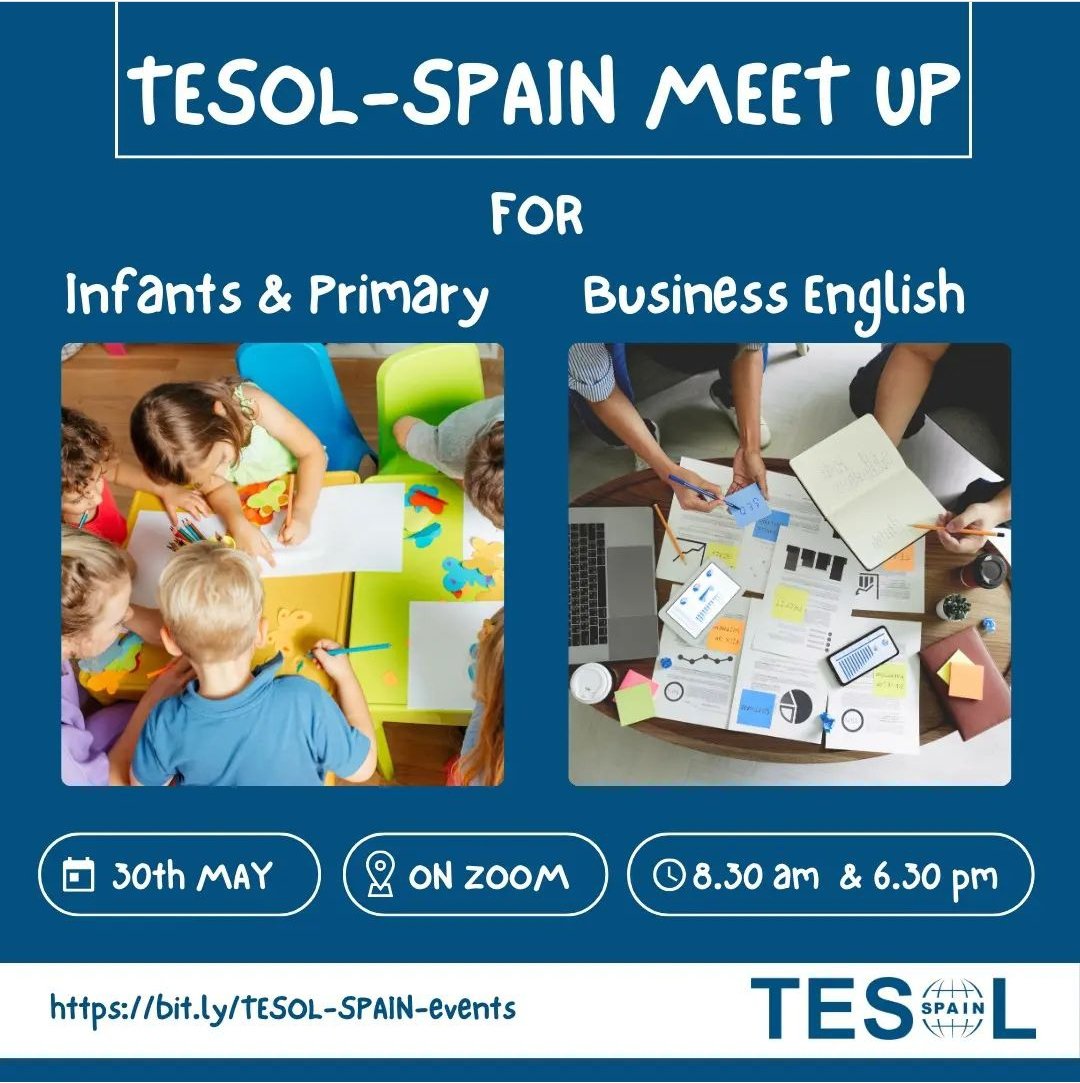 Another monthly meet up coming up on ➡️Thursday 30th May❗⠀
📍Zoom💻 ⠀
🔗bit.ly/TESOL-SPAIN-ev…⠀
#tesol #tesolspain #tesolassociations #tesolteachers #tesolmeetup⠀
#shareideas #meetup #meetupforteachers #infants #primary #teachingideas #coffeebreak⠀⠀
#professionaltraining