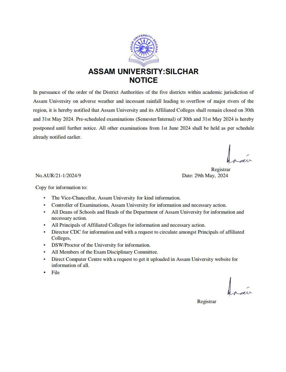 Floods Force University Closure, Exams in Limbo Torrential rains and overflowing rivers , forcing the closure of Assam University and its affiliated colleges. Exams scheduled on May 30th & 31st postponed indefinitely. #news #assamuniversity #silchar #silcharflood #barakoutlet
