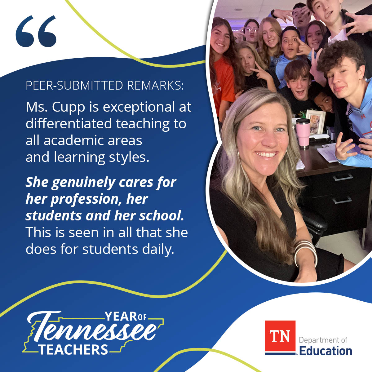 We'd like to spotlight Chelsea Cupp from @gcssdschools, who was nominated by her peers for her dedication to her students, school, and profession. #TNSupportsTeachers