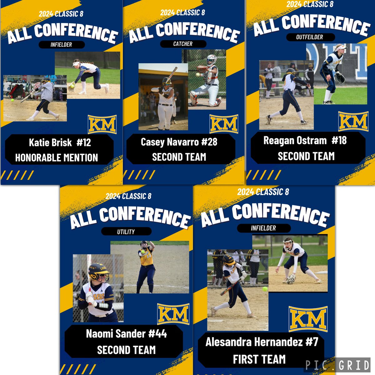 Congratulations to our 5 all conference players for the 2024 season

<a href="/kt_brisk/">Katie Brisk</a>: Honorable Mention Infield
<a href="/navacas87/">Casey Navarro 2025</a>: Second Team Catcher 
Alessandra Hernandez: First Team Infield
Reagan Ostram:Second Team Outfield 
Naomi Sander: Second Team Utility