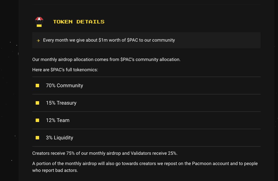 An aspect of the @pacmoon_ v2 launch not being talked about

Validators get 25% of the monthly airdrops.

So holders are incentivized to get to 10k $PAC if they haven't already, to become Validators.

Creators earn, Validators earn - really cool model.

Excited to see it play out