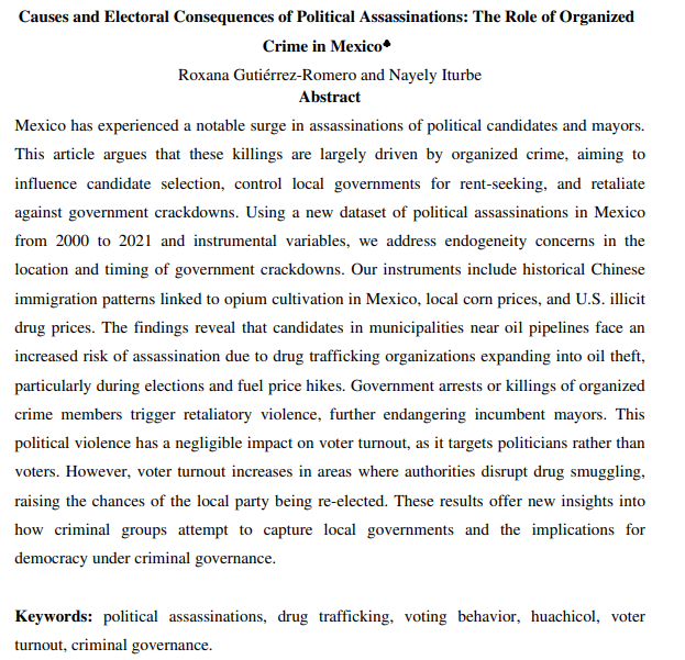 Over 500 local politicians have been killed in recent years in Mexico. In this working paper, we analyze the role of organized crime and its impact on voting behavior. 

I'll present these findings on Friday, at the Conflict and Contentious Politics Workshop at Essex University