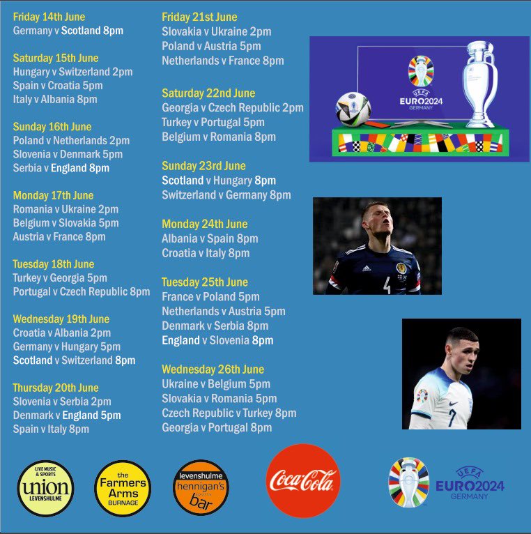 Countdown to #euro2024 watch every game live in Hennigans, Union and Farmers Arms