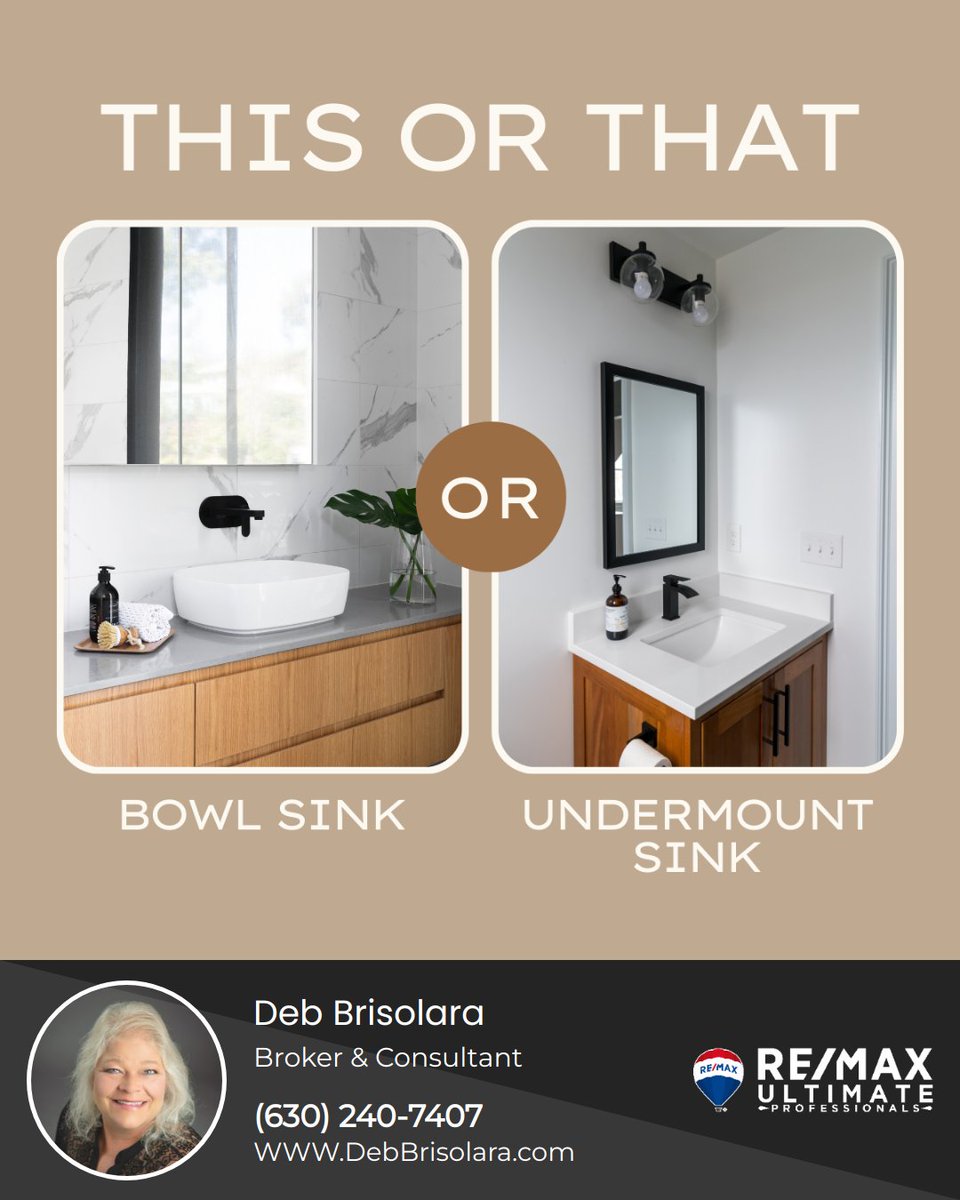 Transform your bathroom with the perfect sink: bold bowl for a statement or seamless under-mount for timeless elegance. What's your choice? 

#bathroomdesign #luxuryliving #homespa #contemporarydesign #timelessstyle #homesbydebra #openingdoorsforyou #debbrisolara