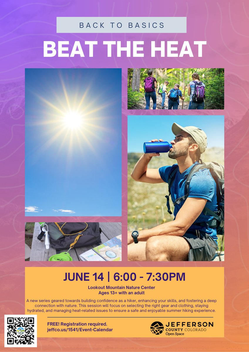 🔊 NEW PROGRAM - Back to Basics

Join us for a new series on how to enhance your hiking skills while connecting with nature. This class focuses on gear, hydration, and heat management for a safe summer hike.🥾

🌿 Let's hit the trails!🌞 

More info: jeffco.us/1541/
