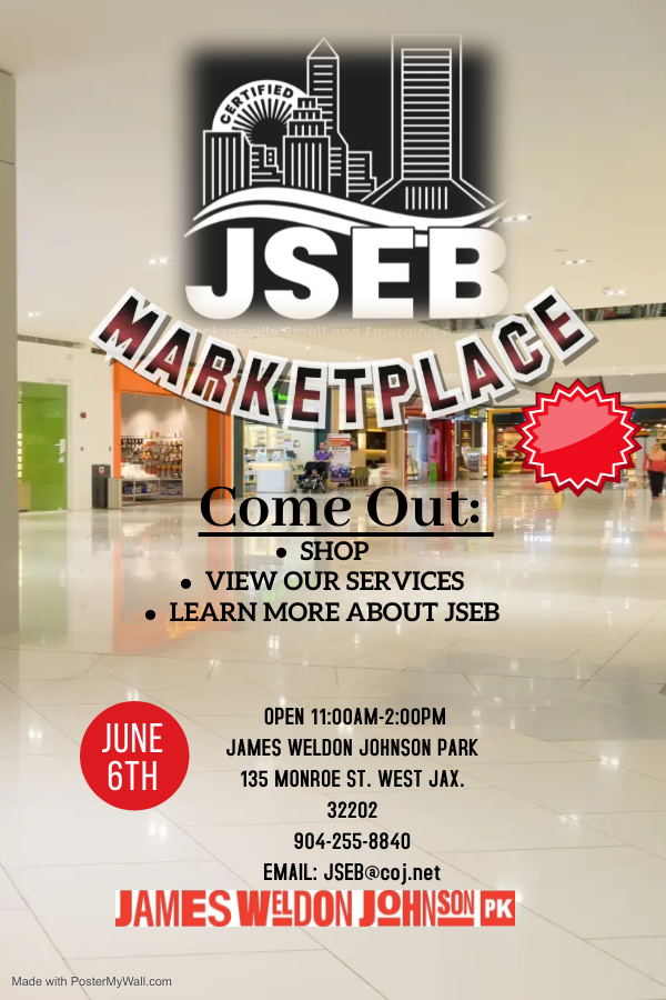 Join our Jacksonville Small and Emerging Business team on June 6th for the first-ever JSEB Marketplace at @JWJParkJax. JSEB certified vendors will be on hand highlighting cleaning services, landscaping, hair products, and much more from 11am to 2pm. jacksonville.gov/departments/ja…