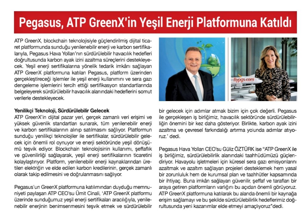 #atatp #pgsus
🔎ATP GreenX, blockchain teknolojisiyle güçlendirilmiş dijital ticaret platformunda sunduğu yenilenebilir enerji ve karbon sertifikalarıyla Pegasus sürdürülebilir havacılık hedefleri doğrultusunda karbon ayak izini azaltma süreçlerini destekleyecek.
(kobi aktüel)