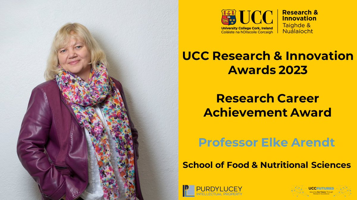Congratulations to Professor Elke Arendt, from @fnsucc, on receiving the Research Career Achievement award. Elke is a Professor in Cereal and Beverage Science, and has been listed as one of the top 10 Food Scientists in the world. #UCCResearchAwards