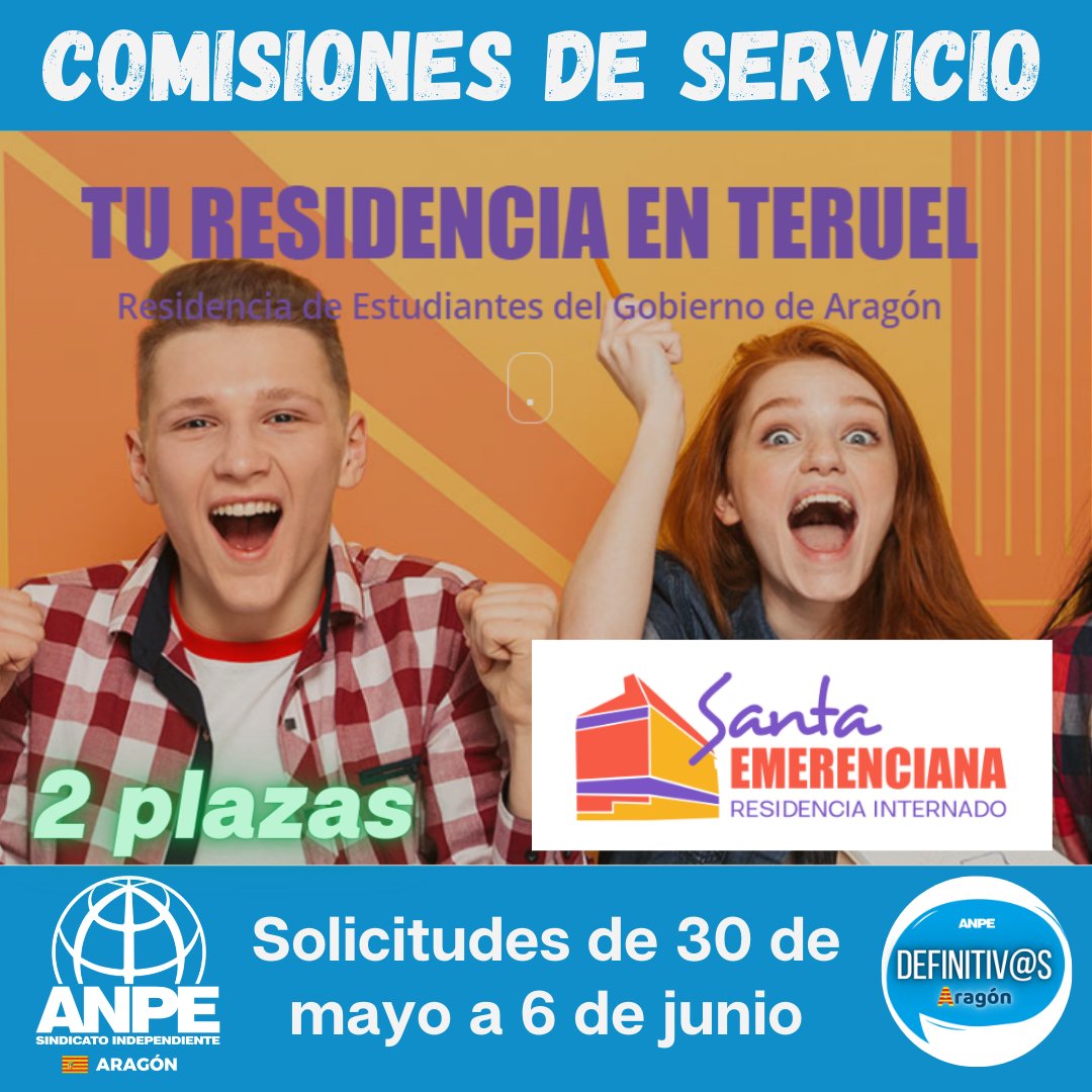 📢 Residencia Santa Emerenciana de Teruel.
👉🏻 Secundaria (determinadas especialidades) 
📆 Solicitudes: hasta el 6 de junio
📌 Procedimiento con baremo de méritos y entrega de memoria proyecto, abierto a otras CCAA.
🌐 anpearagon.es/notices/177538
🔄 <a href="/anpearagon/">ANPE Aragón | Sindicato independiente</a>
#ANPEInforma