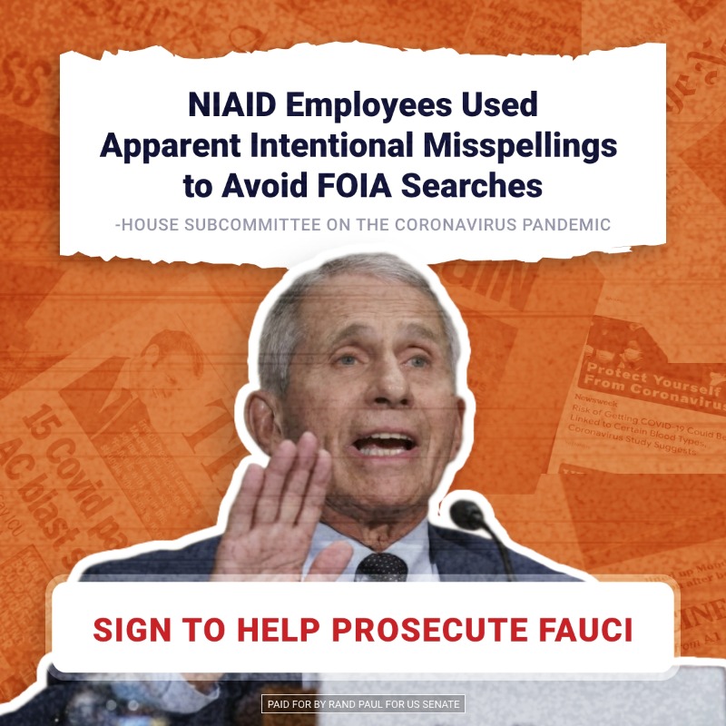 RandPaul's tweet photo. Dr. Fauci &amp; NIAID staff knew I'd have questions about an $8.9 million grant they doled out in a quid pro quo scenario. That's why they destroyed evidence &amp; avoided FOIA requests.

Sign to help ensure they're all prosecuted for destroying evidence &amp; evading public scrutiny. ⬇️