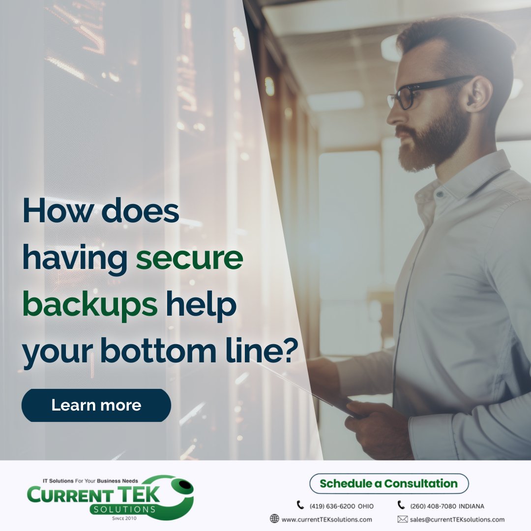 currentTEK's tweet image. Secure backups mean less downtime, quicker data recovery, and improved customer satisfaction. 

Enjoy fewer system shutdowns and faster resolution times.

Contact us to learn more!
currentteksolutions.com/backup-disaste…

#SecureBackups #DataSecurity #BusinessEfficiency