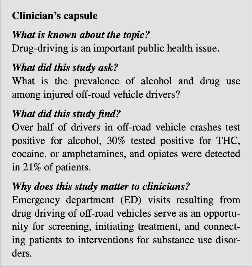 Off‐road vehicle crashes: dangers of alcohol and drug impairment by <a href="/NelofarKureshi/">Nelofar</a> rdcu.be/dJnko
⭐️Our results show that over HALF of drivers in off-road vehicle crashes test positive for alcohol and 30% tested positive for THC/cocaine/amphetamines. #alcohol #trauma