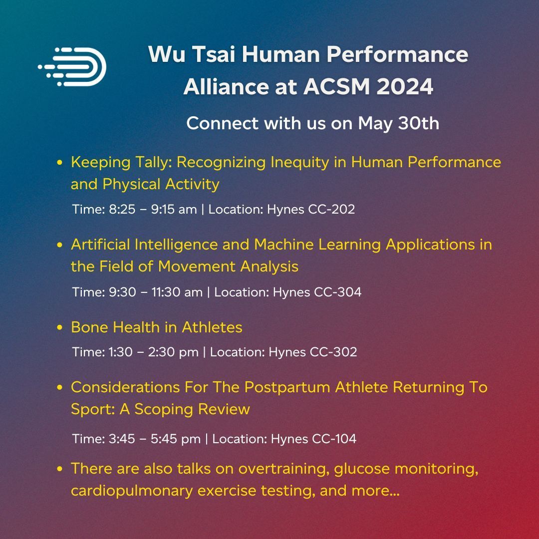 Wu Tsai Human Performance Alliance (@wutsaialliance) on Twitter photo Wu Tsai members will be speaking at #ACSM24 on topics ranging from using AI for movement analysis to considerations for postpartum athletes. Explore more talks: buff.ly/4bQFp9Q
<a href="/emilykrausmd/">Emily Kraus, MD</a>, <a href="/masmith__/">Dr. Morgan Smith</a>, <a href="/nicolekeithphd/">NiCole Keith</a>, <a href="/NicoleFarnswRD/">Nicole Farnsworth, MS, RD, CSSD, LDN, CPT</a>, <a href="/DrKateAckerman/">Kathryn Ackerman</a>, <a href="/FionaWilsonf/">Prof. Fiona Wilson</a> Wu Tsai members will be speaking at #ACSM24 on topics ranging from using AI for movement analysis to considerations for postpartum athletes. Explore more talks: buff.ly/4bQFp9Q
<a href="/emilykrausmd/">Emily Kraus, MD</a>, <a href="/masmith__/">Dr. Morgan Smith</a>, <a href="/nicolekeithphd/">NiCole Keith</a>, <a href="/NicoleFarnswRD/">Nicole Farnsworth, MS, RD, CSSD, LDN, CPT</a>, <a href="/DrKateAckerman/">Kathryn Ackerman</a>, <a href="/FionaWilsonf/">Prof. Fiona Wilson</a>