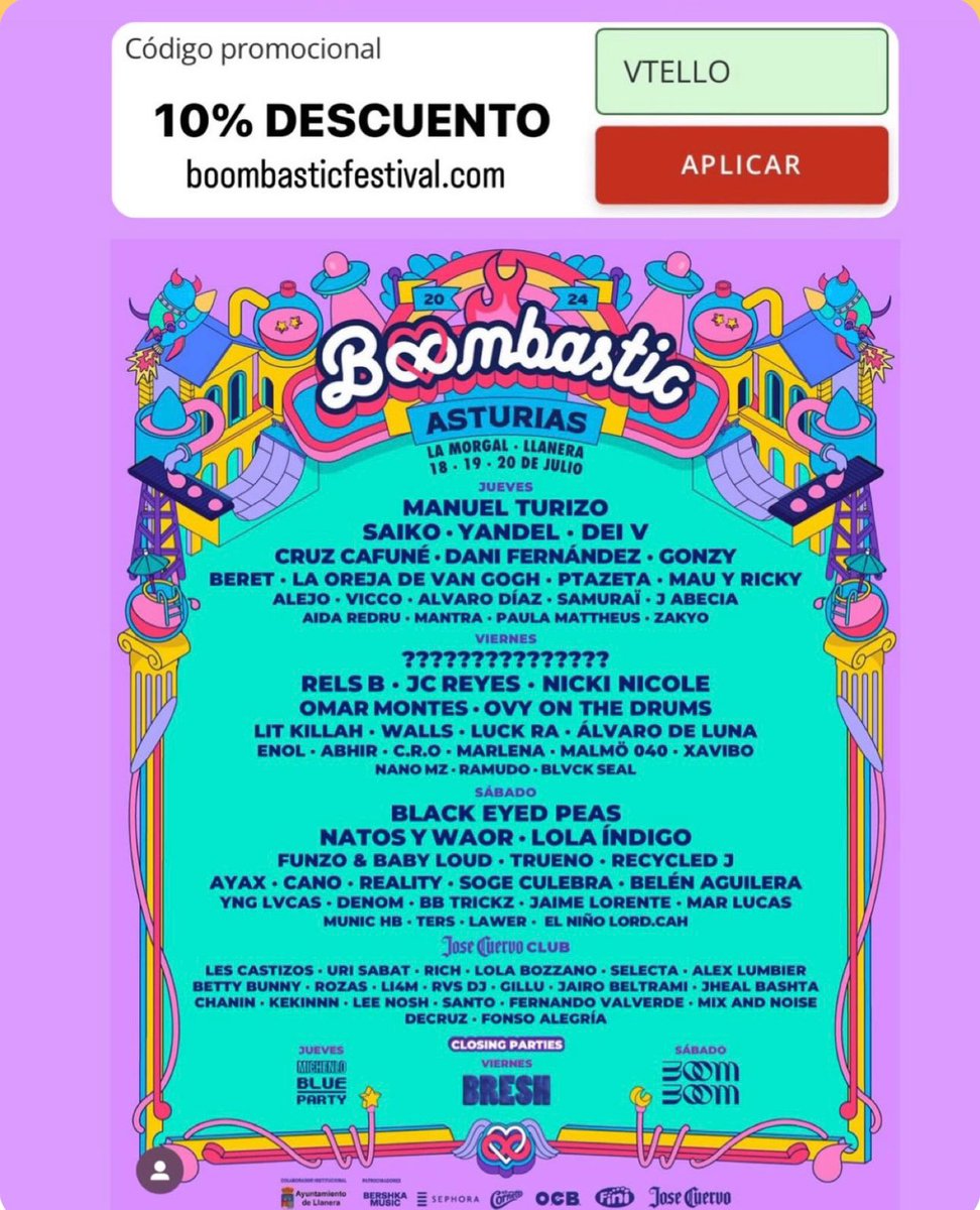 VictorTello25's tweet photo. Consigue un 10% DESCUENTO en BOOMBASTIC FESTIVAL 2024
👉 Código promocional: VTELLO
🔗Abonos en Web Oficial https://t.co/GAcutRmqEQ
✔️ YA DISPONIBLES ENTRADAS DE DÍA Y VÁLIDO CON BONO CULTURAL

#Boombastic #BoombasticFestival #BoombasticAsturias #FestivalBoombastic #Bombastic https://t.co/i4E9cZjnaR