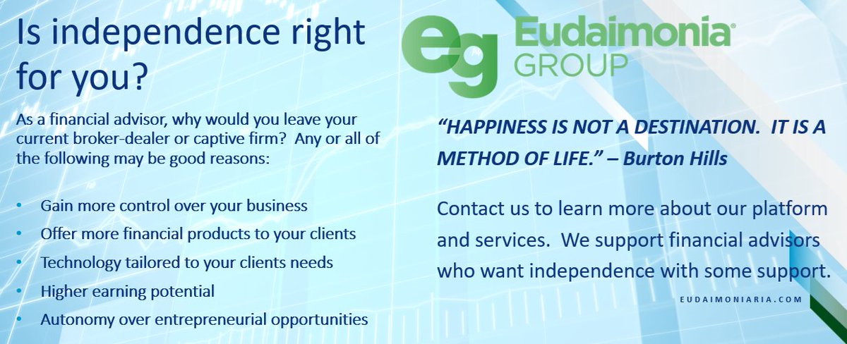 As a financial advisor, why would you consider leaving your current firm? Here are some great reasons. We support advisors going independent & provide a structure to ease the transition.
#financialadvisors #independentfinancialadvisor #independence 
eudaimoniaria.com/contact-us