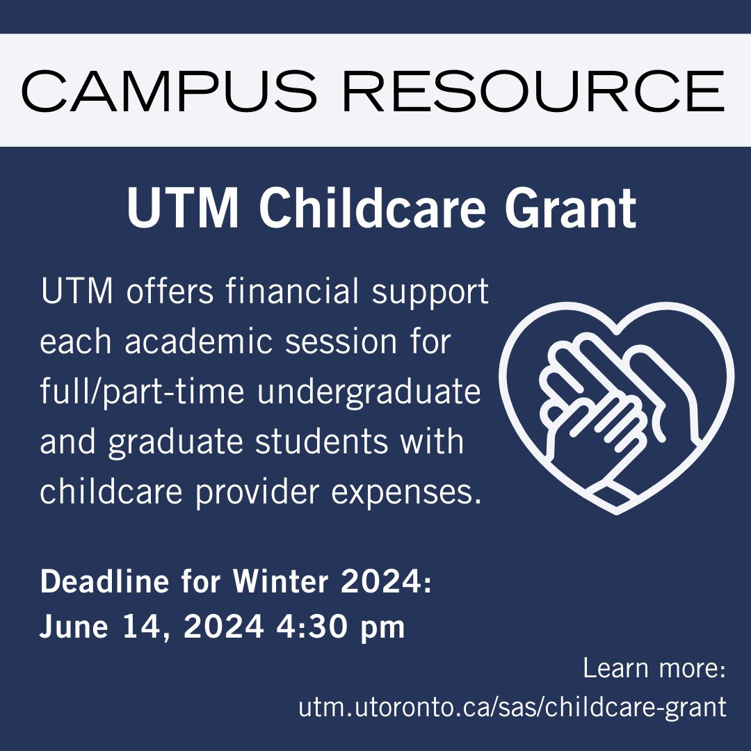 UTM Childcare Grant: deadline for expenses incurred during Winter 2024 is June 14, 2024 at 4:30pm. Find out more by visiting: utm.utoronto.ca/sas/childcare-…