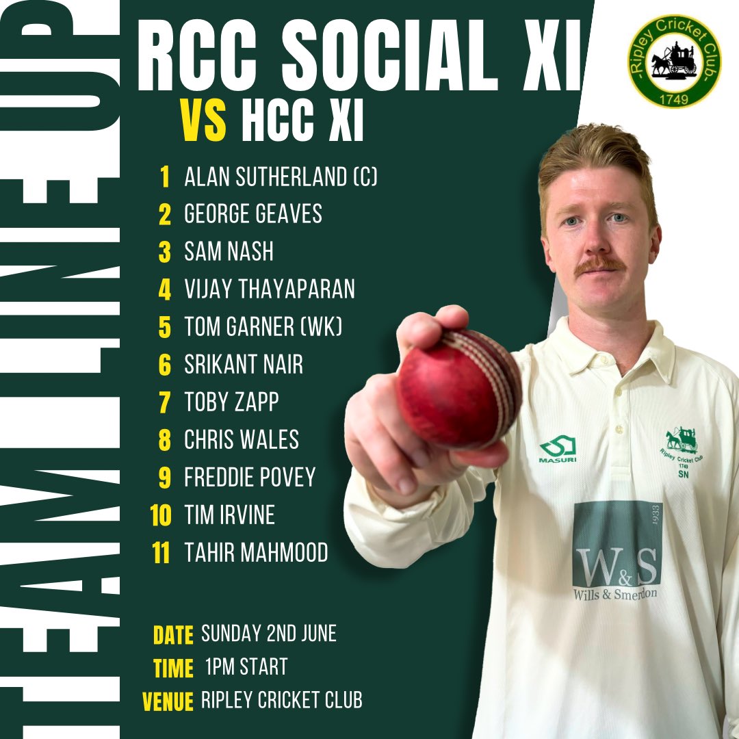 📣Team announcements 📣

1st XI 🟩: Home  to @merrowcricket 

2nd XI 🟩: Away to @suttonchallengers 

Social XI 🟩: Home to Hetairoi

Bar will be open at 3pm Saturday for members only, support the teams this weekend.

#cricket #ripley #cricketclub #cricketlover #cricketfans