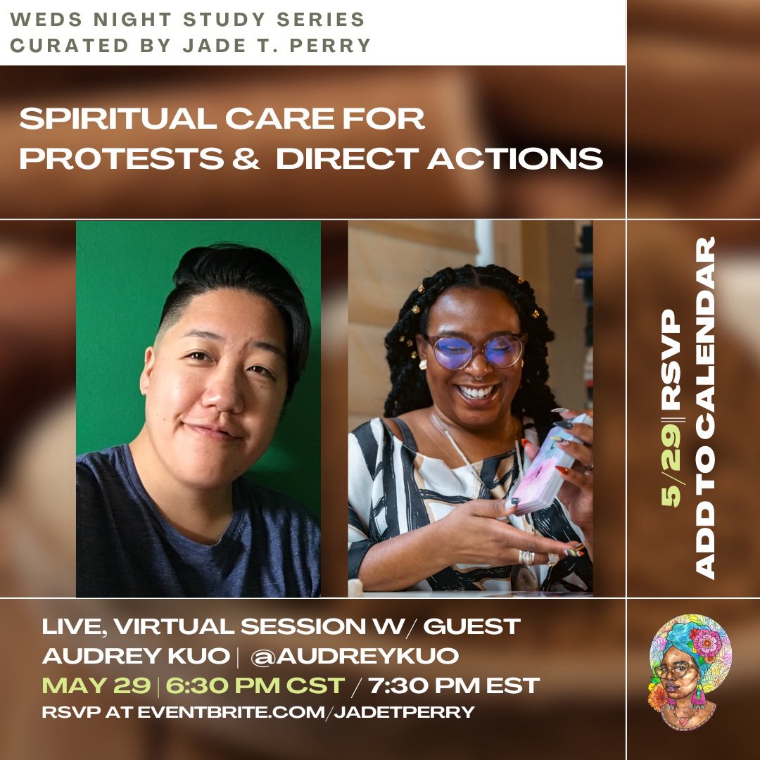 Jade_T_Perry's tweet photo. I’ve been curating spiritual care spaces both virtually and in person since 2017 💯 We’ve built a consistent, caring community of e-cousins that check in each month to ki &amp; learn together. TONIGHT, we engage spirit care for pr0test. RSVP: https://t.co/oCNZ9L2m5p https://t.co/c36GvyGuF5