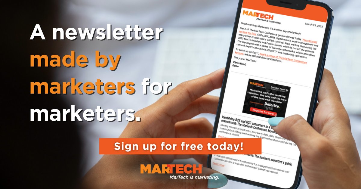 Ready to revolutionize your marketing strategy? 🌐 Unlock insights from 70+ experts, the latest AI tips, industry news, job openings, and more – with the free MarTech newsletter. 

martech.org/newsletters/?u… #MarketingTech #SubscribeNow