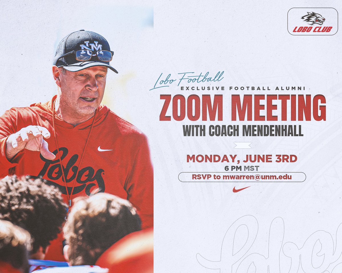 Looking for 25 more @UNMLoboFB alums to jump on a zoom call with Coach Mendenhall. We can’t wait to see our football alumni and their support of this program! RSVP to mwarren@unm.edu. #Lobos4Life