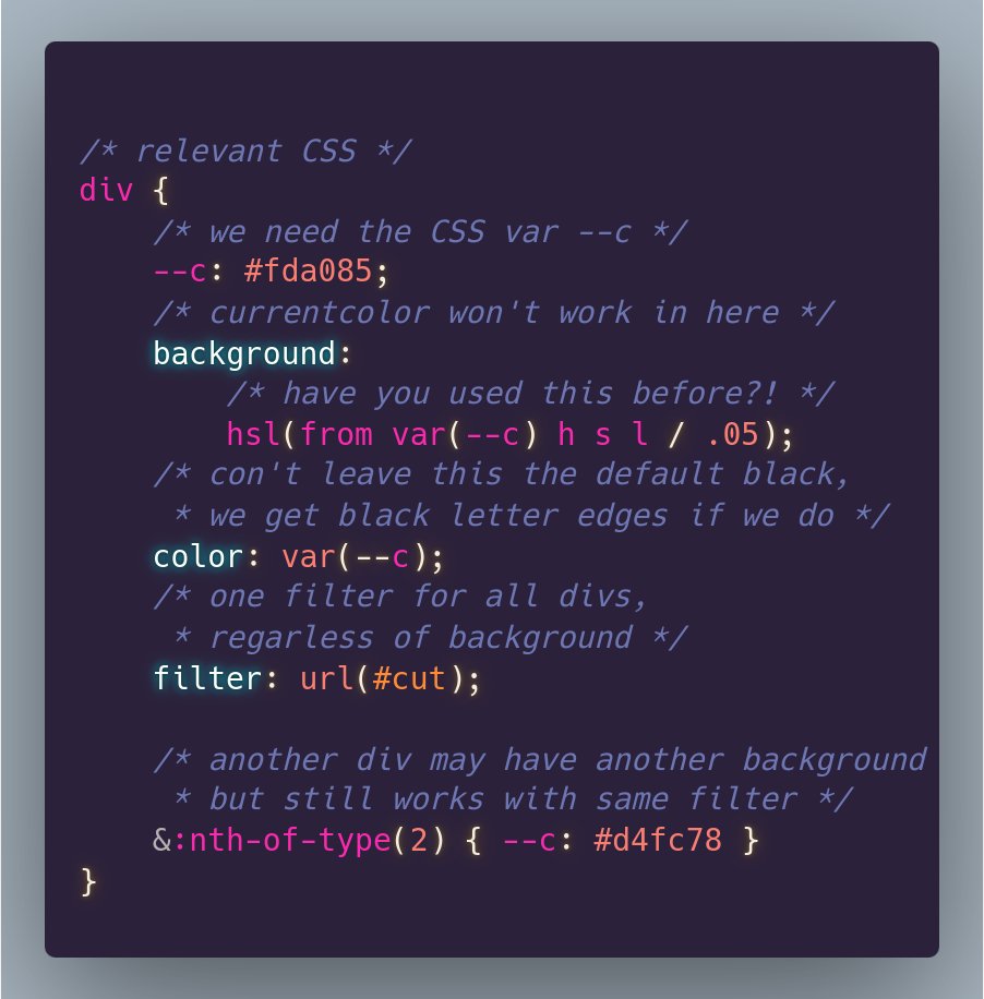 And... a few hours later, I've just had a better idea! Give `background` a  very low alpha a, but not quite 0. Set `color` to the same, but opaque. SVG  filter maps, image size:902x916