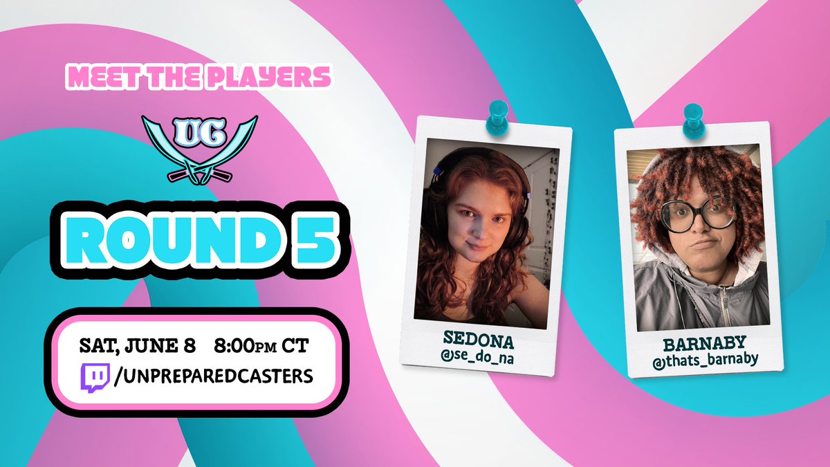 For our fifth and final round, let’s welcome @se_do_na_ and @thats_barnaby! You can see them both in the Nonstop Player Crawl, a charity stream benefitting @Translifeline, at 8:00pm CT on the UC twitch!