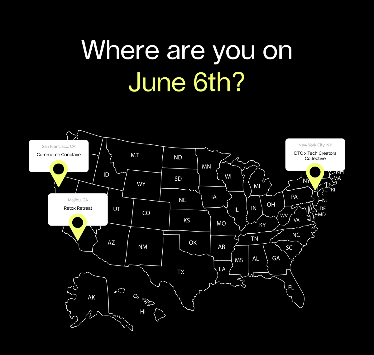 Will you be in NYC, SF, or Malibu on June 6th? I'm calling this @fermatcommerce takeover day, because we'll be at events in each of these cities, simultaneously: If you're in Malibu, come meet our team at @Retentiondotcom's Retox Retreat. In San Fran, we'll be co-hosting a