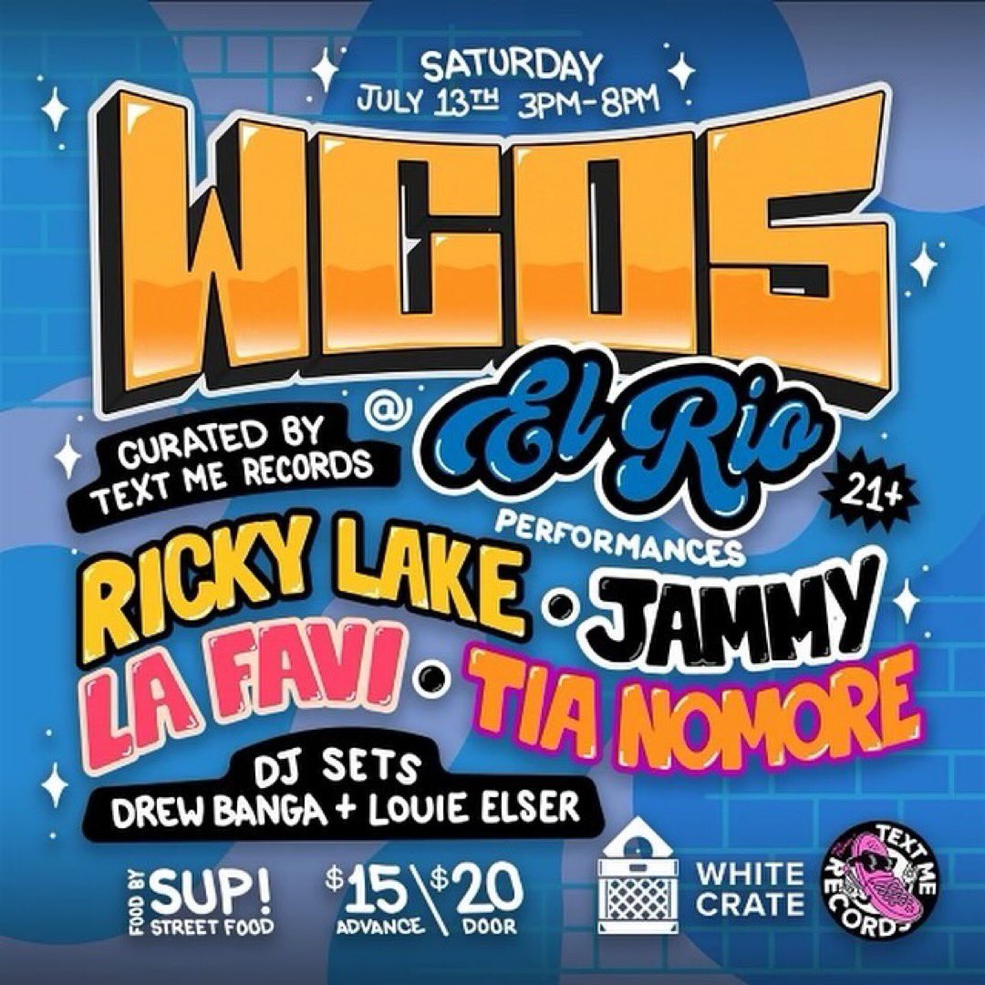 textmerecords's tweet image. IT’S A SUMMER DAY PARTY
with some serious heat 🥵

Join us and @whitecrate_sf at El Rio!
Featuring music from:

🎤 La Favi - @comoelaagua 
🔪 Tia Nomore @TIAYESMORE
🎸 Ricky Lake - @whoisrickylake
☢️ Jammy - @mayflowerjammy 
🎧 DJ Drew Banga - @DREWWWWW____
💽  DJ Louie Elser