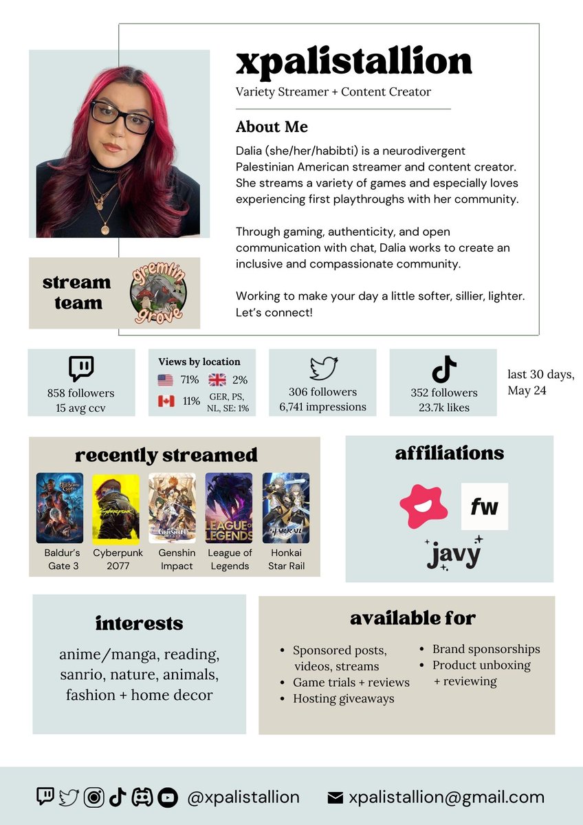 hi, I'm dalia! posting my first media kit hoping to engage in more collabs + opportunities 🌱

🌟 twitch.tv/xpalistallion
🌷 linktr.ee/xpalistallion
💌 xpalistallion@gmail.com