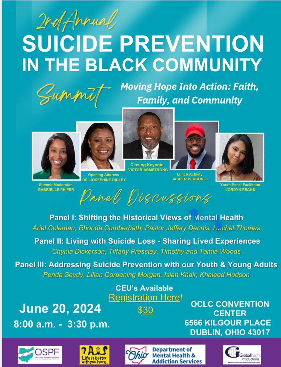 Looking forward to giving the closing keynote at the @ohiospf 2nd Annual Suicide Prevention In The Black Community Summit on Thursday, June 20th, 2024! #StopSuicide @afspnational @Action_Alliance @NASWNC @nasw