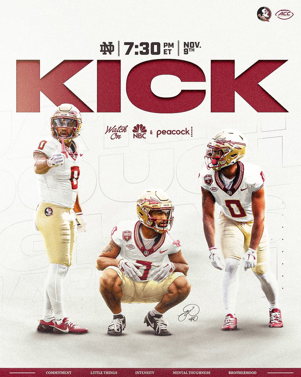 Our game at Notre Dame will be another primetime showcase!

🗓️: Nov. 9
⌚️: 7:30pm ET
📺: NBC and Peacock

🔗: noles.co/24NDKickoff

#NoleFamily | #KeepCLIMBing