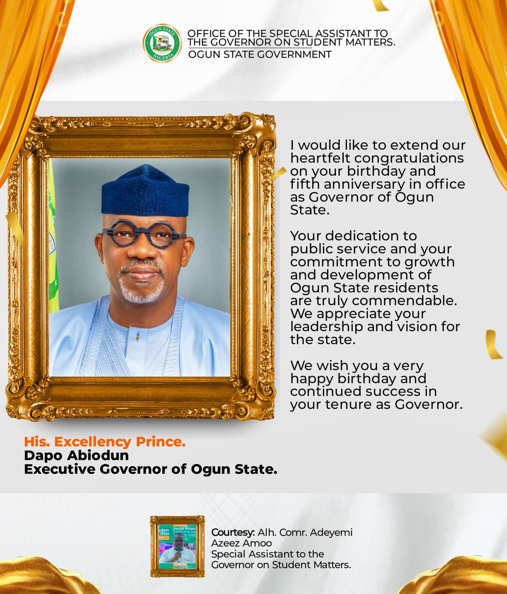 AdeyemiAmoo01's tweet photo. I would like to extend our heartfelt congratulations on your birthday and fifth anniversary in office as Governor of Ogun State.

Your dedication to public service and your commitment to growth and development of Ogun State residents are truly commendable. https://t.co/pT9rryYF9S