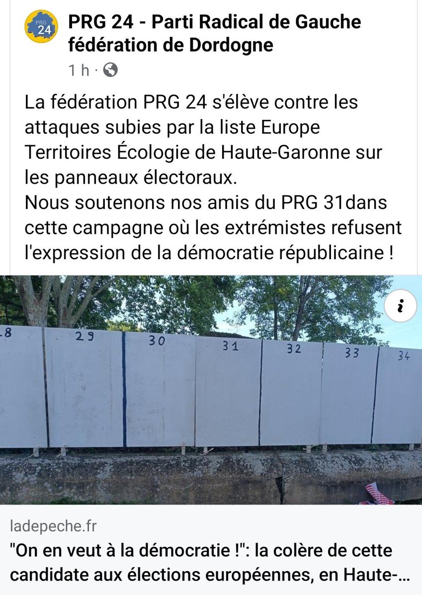 Le @PRG_Dordogne soutient fortement le PRG 31 de Haute-Garonne victime de dégradations honteuses sur de nombreux panneaux officiels n°31 @ETE_2024 EUROPE TERRITOIRES ÉCOLOGIE ! Nous réclamons le respect démocratique dans le cadre des élections européennes 2024 !