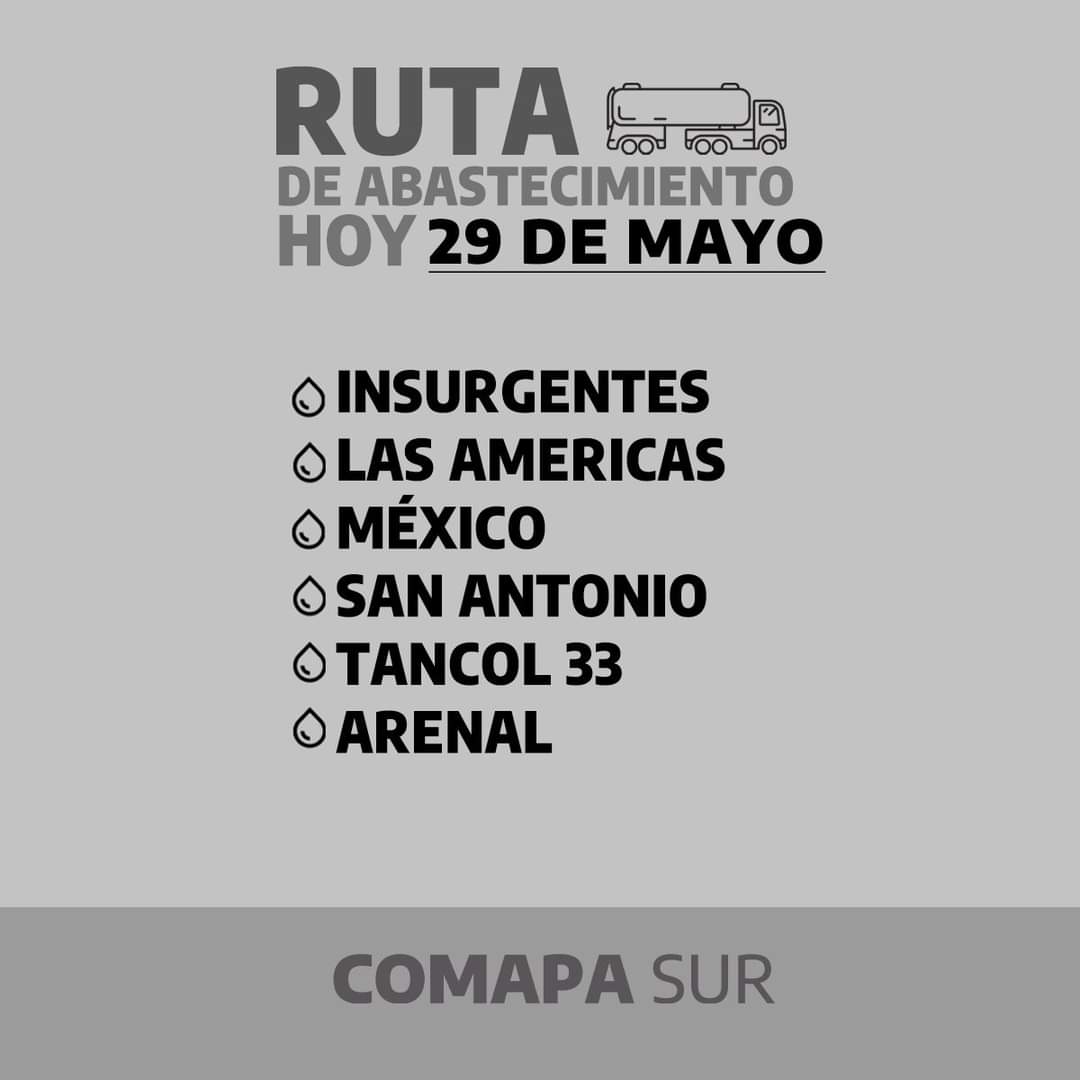 Estas son las colonias por las que @Comapa_Sur realizará reparto de agua, hoy 29 de #mayo #Madero #Tampico