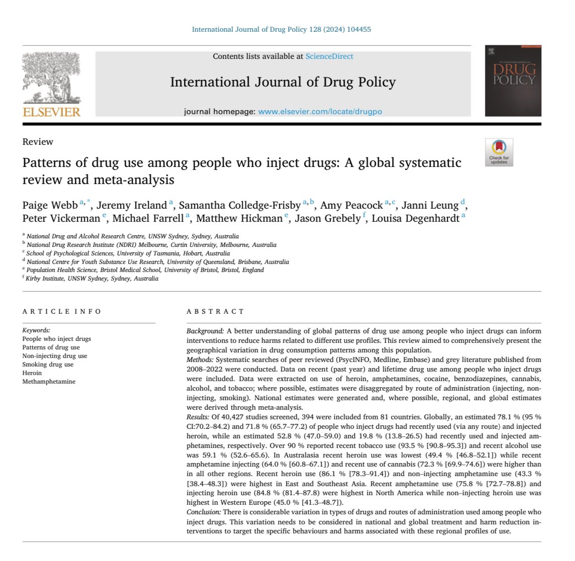 “Patterns of drug use among people who inject drugs: A global systematic review and meta-analysis” by Paige Webb et al (2024) via @ijdrugpolicy…what trends are there in the drug world in your region? Link: sciencedirect.com/science/articl… #DrugPolicy