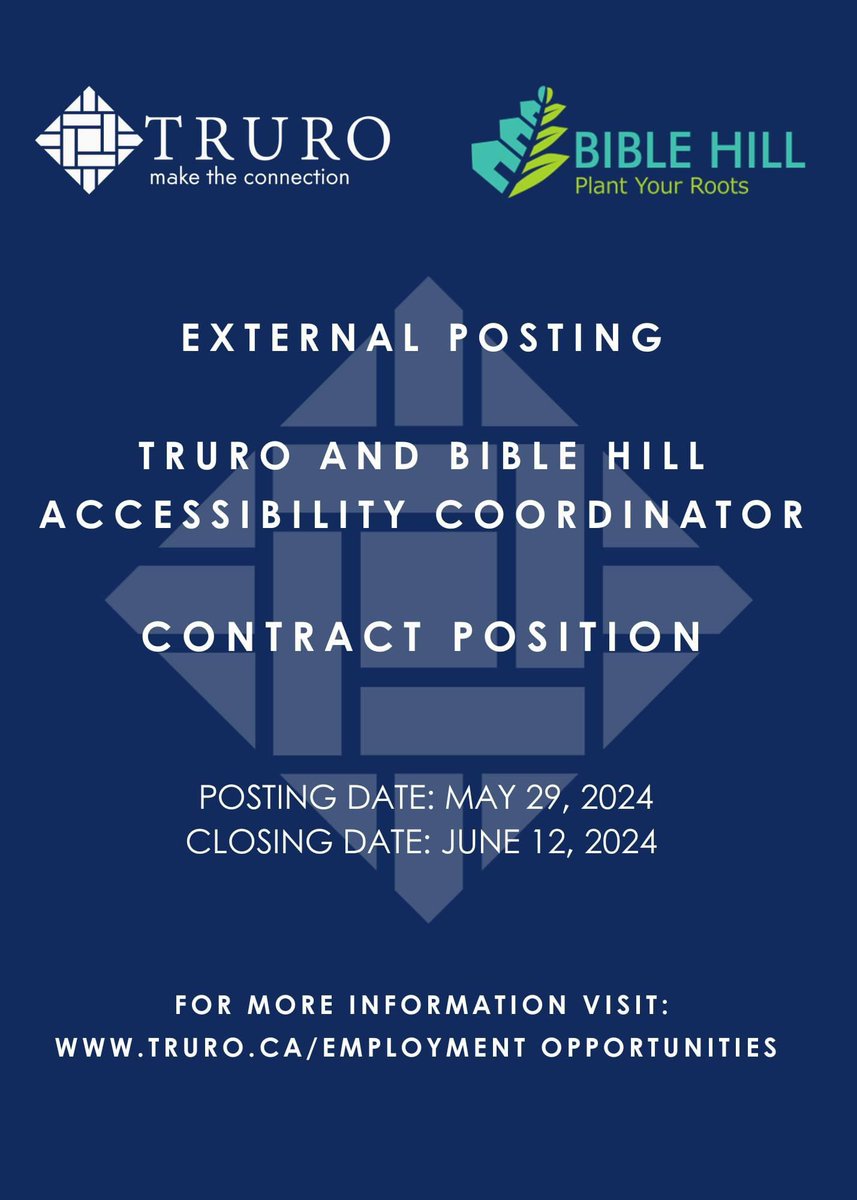 EMPLOYMENT OPPORTUNITY

The Town of Truro and the Village of Bible Hill are currently accepting applications for an Accessibility Coordinator contract position.

For more information: truro.ca/employment-opp…