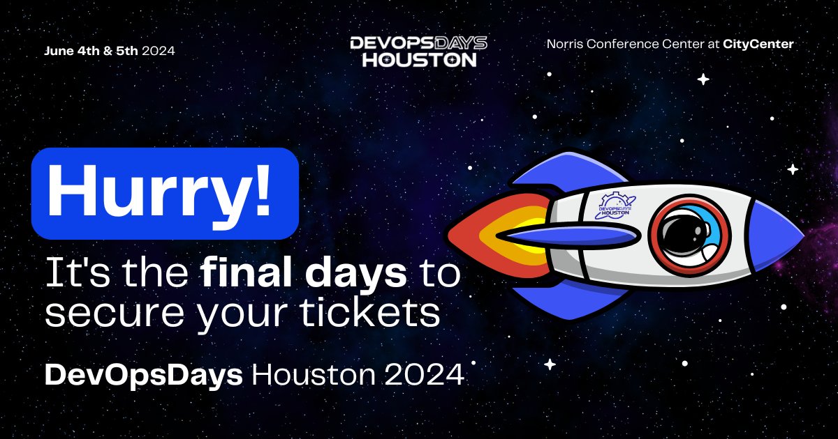 DevOpsDaysHTown's tweet image. We are just days away from the grand event, DevOps Days 2024! There’s still time to get your tickets. Don’t miss out on the best talks, networking opportunities, and more!

#DevOpsDays2024 #TechEvent #Networking #LastChance #GetYourTickets #TechTalks