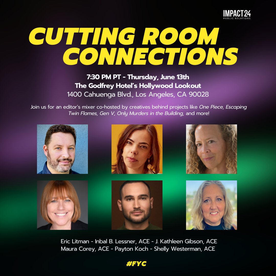 Impact24 PR (@impact24pr) on Twitter photo Join us for the opportunity to meet and mingle with Editors <a href="/litmandesign/">Eric Litman</a>, <a href="/inbal_lessner/">Inbal B. Lessner, ACE (she/her)</a>, ACE, J. Kathleen Gibson, ACE, <a href="/mauracorey/">Maura Corey</a>, ACE, Payton Koch, and Shelly Westerman, ACE at our Cutting Room Connections Mixer on Thursday, 6/13!
Get your tickets: bit.ly/3x2WhLx Join us for the opportunity to meet and mingle with Editors <a href="/litmandesign/">Eric Litman</a>, <a href="/inbal_lessner/">Inbal B. Lessner, ACE (she/her)</a>, ACE, J. Kathleen Gibson, ACE, <a href="/mauracorey/">Maura Corey</a>, ACE, Payton Koch, and Shelly Westerman, ACE at our Cutting Room Connections Mixer on Thursday, 6/13!
Get your tickets: bit.ly/3x2WhLx