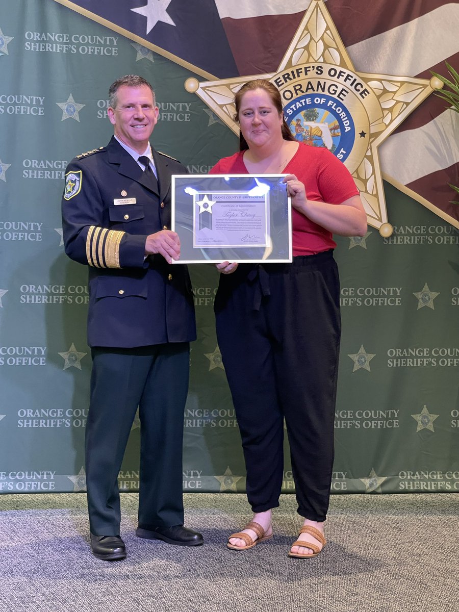 OCSO presented two Certificates of Appreciation Windermere High School teacher Taylor Chang and discipline clerk Mia Sarnes for their thoughtful and quick actions on January 26, when a 9th grader experiencing a mental health crisis was standing by the school’s 3rdfloor railing.