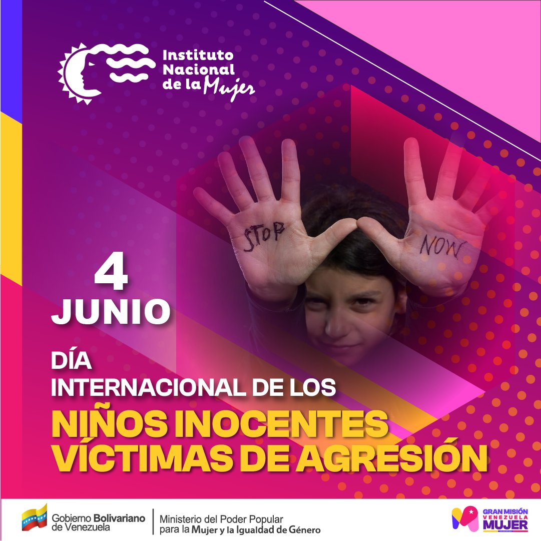 #Efemérides 🗓️
#4Jun 
Dia Internacional De Los Niños Inocentes Victimas De Agresión. #L@sNiñ@sNoSeTocan
#GranMisiónVenezuelaMujer
<a href="/NicolasMaduro/">Nicolás Maduro</a>
<a href="/delcyrodriguezv/">Delcy Rodríguez</a>
<a href="/DhelizAlvarez/">Dheliz Álvarez</a>