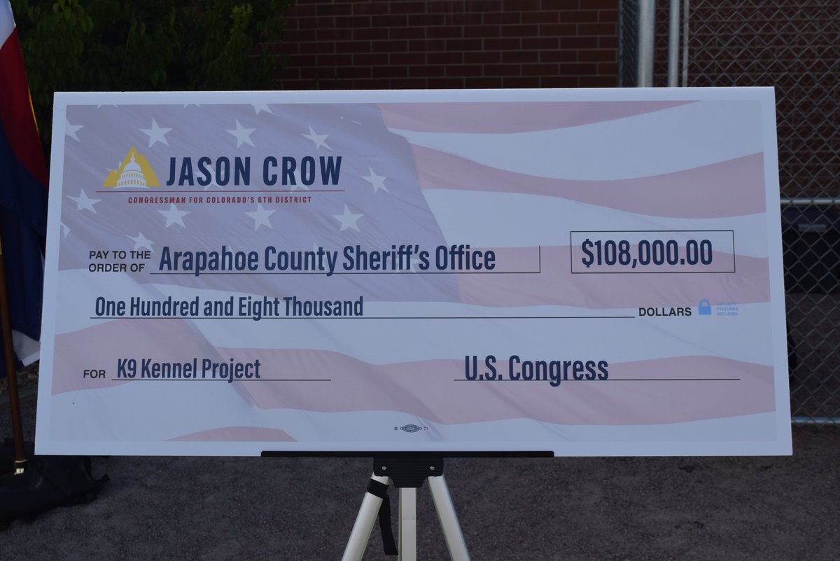 U.S. @RepJasonCrow presented the Sheriff's Office with two checks as part of an initiative to help community projects in his congressional district. The first check for $108,000, was dedicated to our K9 Unit to help provide new kennels and more resources for our apprehension and