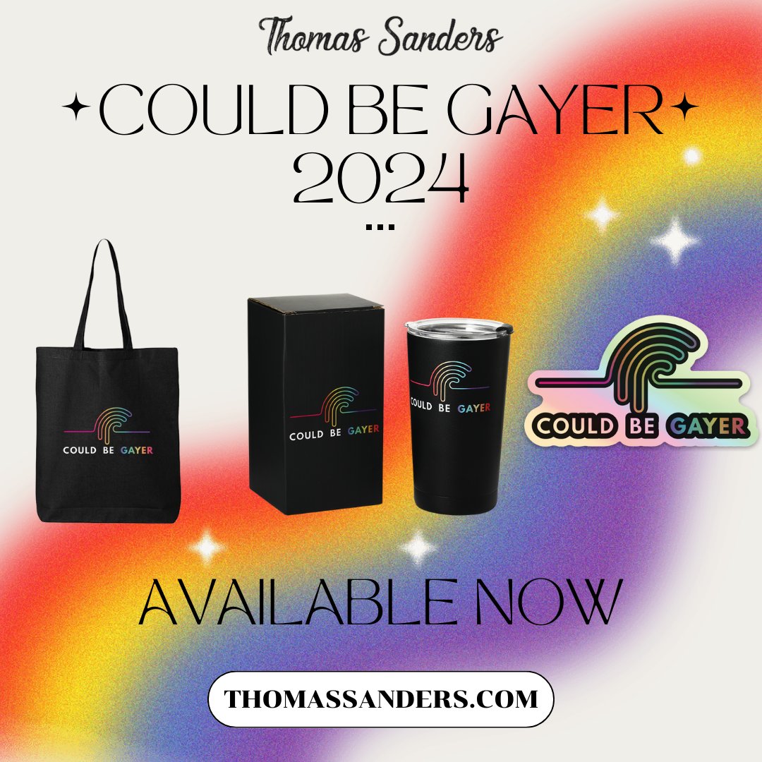 ThomasSanders's tweet image. NEW Could Be Gayer Merch is HERE, and it&apos;s probably my favorite design by @BreiGrace. They come in tote bag, tumbler, &amp;amp; sticker form, and a portion of the proceeds will be going to the ACLU! If you&apos;d like to see this logo on any other pieces, lemme know! ThomasSanders.com