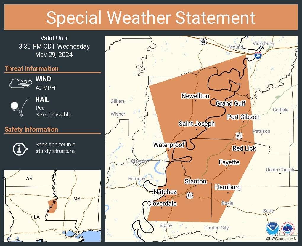 A special weather statement has been issued for Natchez MS, Fayette MS and Port Gibson MS until 3:30 PM CDT