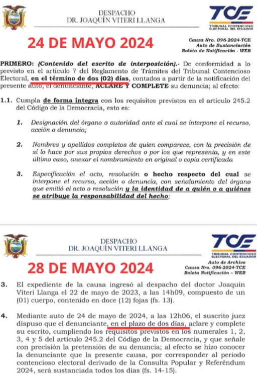 ¿En el afán de no investigar a ⁦@DanielNoboaOk⁩, Joaquín Viteri (juez del ⁦@TCE_Ecuador⁩) cambió “término” por “plazo” para archivar la denuncia por hacer proselitismo político fuera del periodo autorizado por el ⁦@cnegobec⁩? 👇🏾