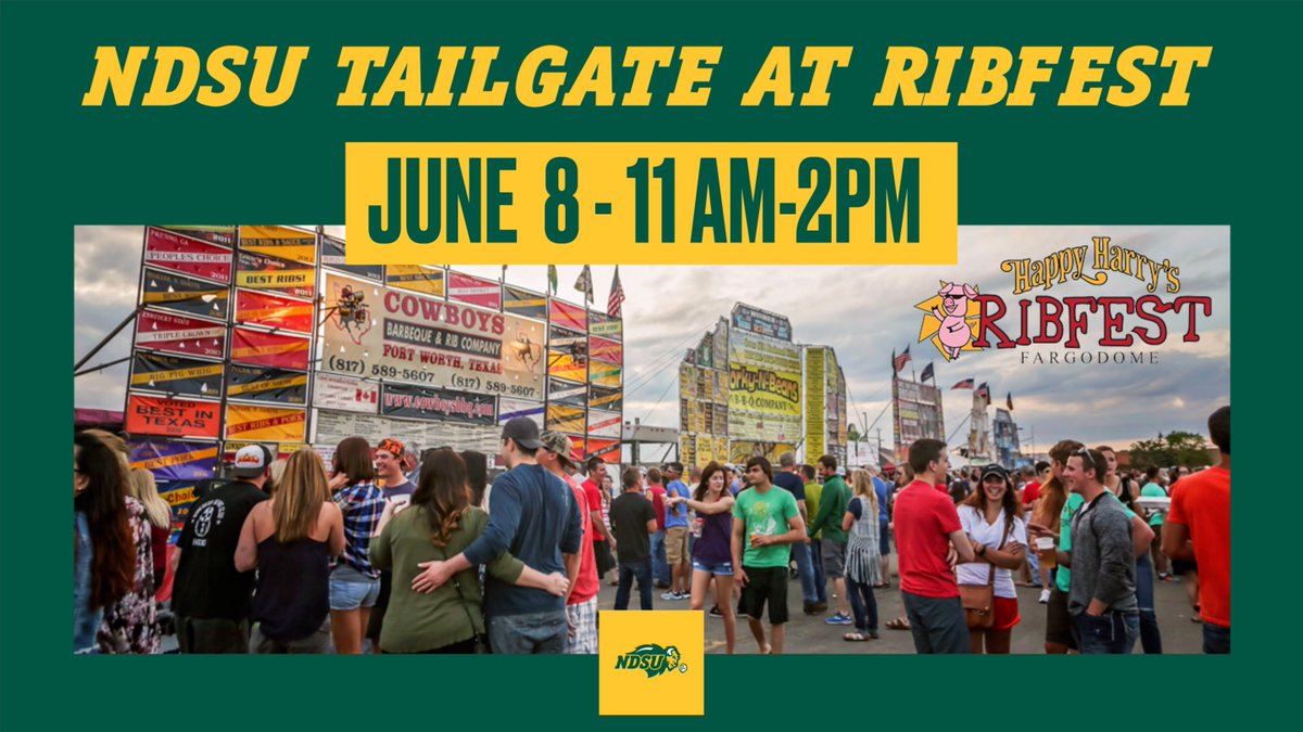 Tailgate with us at Happy Harry’s Ribfest on June 8! 🥤 Limited edition @ndsufootball tailgate cups 🦬 Junior Bison Club t-shirt tie-dyeing 👋 Meet & greet with coaches and student-athletes 🎟️ Season ticket info 😋 Delicious barbecue 🤘 AND MORE!