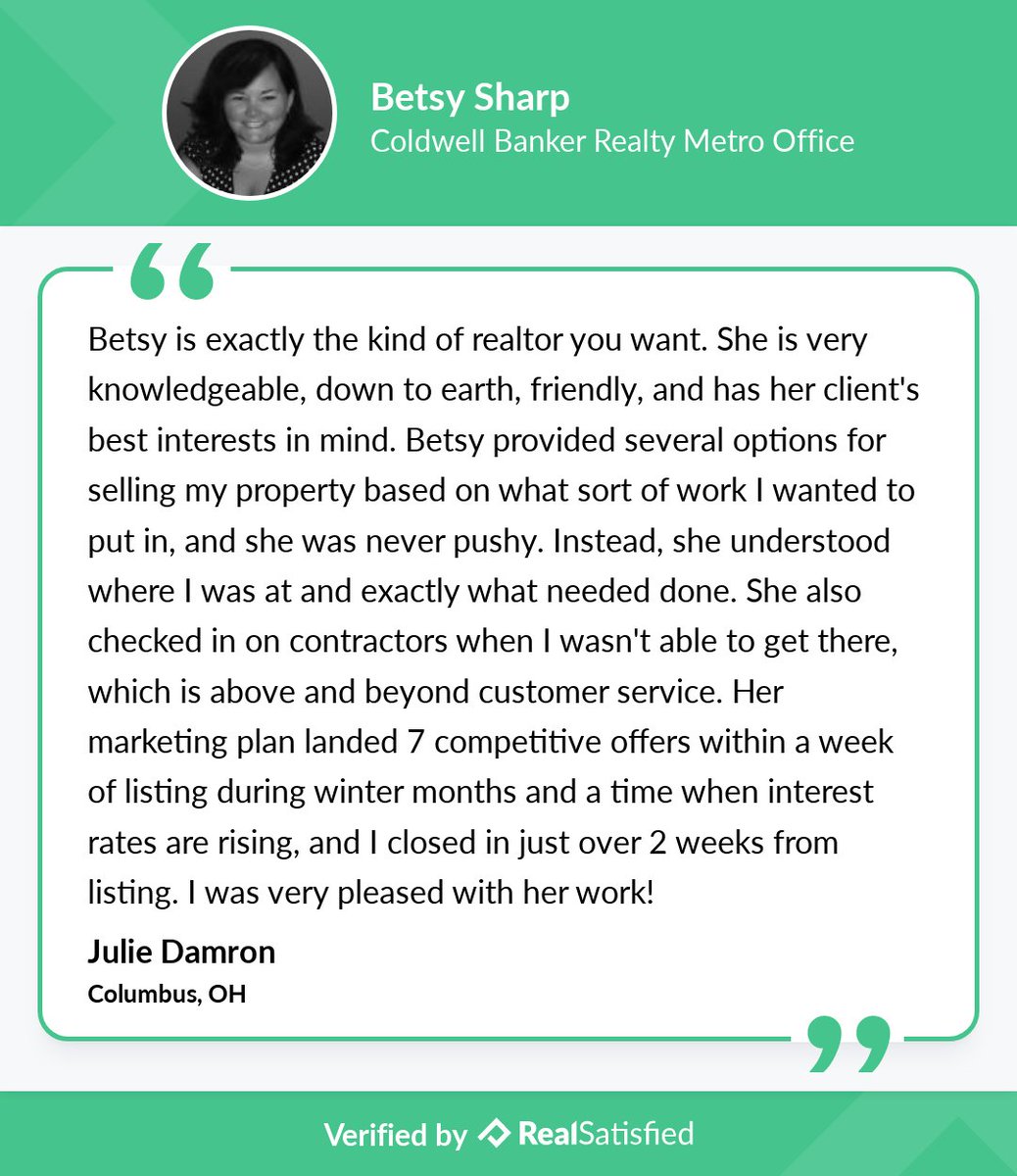 BetsySharp's tweet image. I’m truly honored to have helped this client and friend. I would love to do the same for you or anyone you know:-) realsatisfied.com/Betsy-Sharp via @realsatisfied